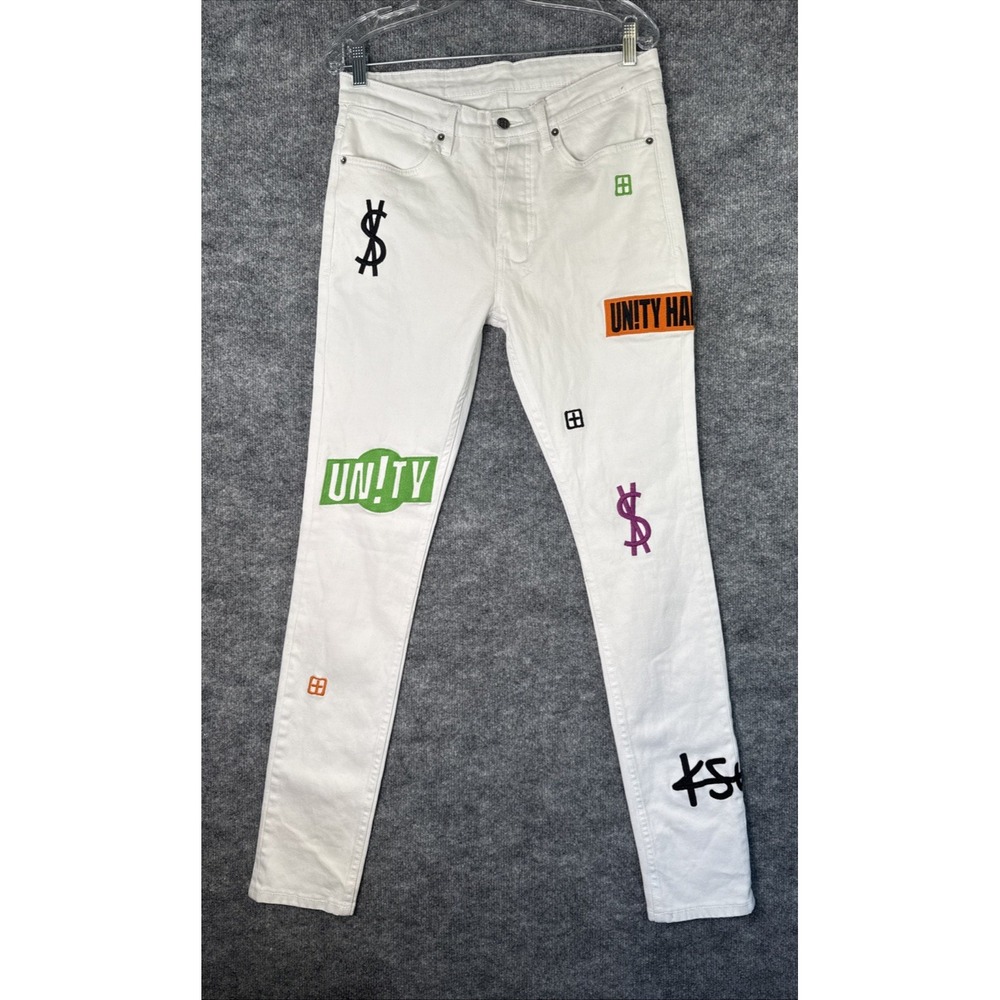 Ksubi Jeans Men's White Denim Sz 32 Hype/Streetwear Style Embroidery & Patchwork